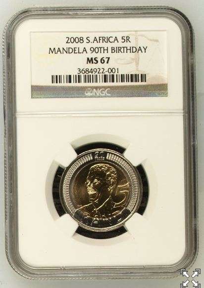 NGC GRADED MS67 - MANDELA 90th BIRTHDAY 2008 R5 COIN